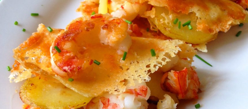 Frico Cheese Crisp with Jumbo Shrimp and Potatoes
